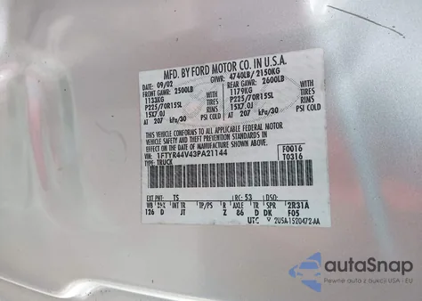 2003 Ford Ranger Edge/Tremor/Xlt z USA, uszkodzony, nr VIN 1FTYR44V43PA21144